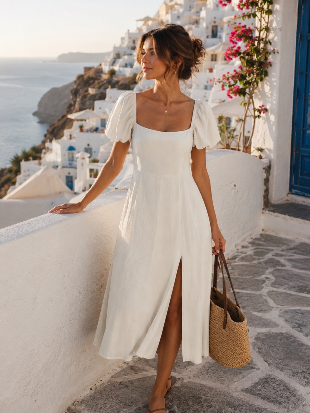Reformation Denver White Linen Puff Sleeve Bow Back Slit Midi Dress 12 wedding